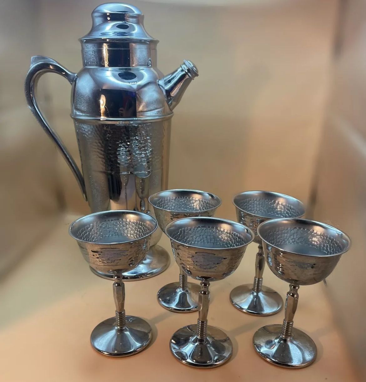 Vintage Chromium Cocktail Pitcher / Shaker Hammered Design & Goblets Madmen MCM