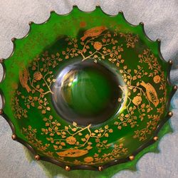 BIG Green Glass Bowl with Gloden Trim Bird and flower Pattern