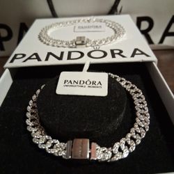 Pandora Authentic Timeless Brand New Sterling Silver Cuban Pave Link Chain Braclets 7 W/box