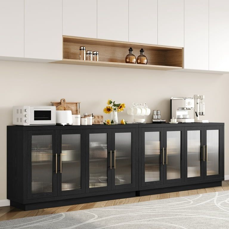 2pcs Modern Sideboard Buffet with Fluted Glass Doors, Accent Cabinet Console Table TV Stand, Black