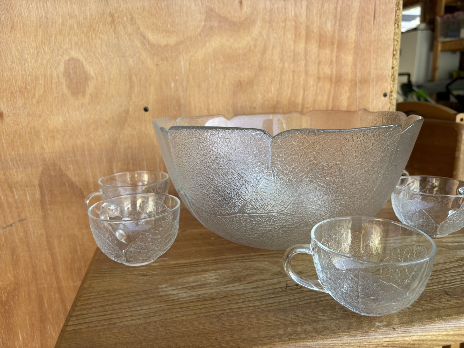 Leaf Etched Glass Punch Bowl Set