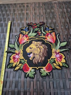 Embroidered Lion Floral Wall Patch - Black, Gold, Red
