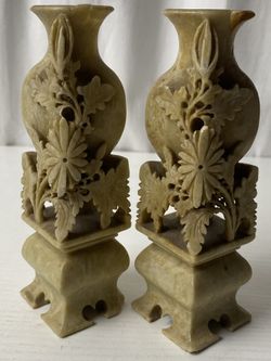 Vintage Pair Ornamental Chinese Hand Carved Soapstone Bud Vases Floral 6” Inch
