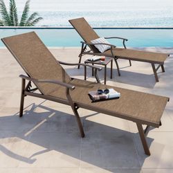 Set of 3 Aluminum Chaise Lounge,Patio Lounge Chairs Full Flat Outdoor Recliner for Patio, (Brown)