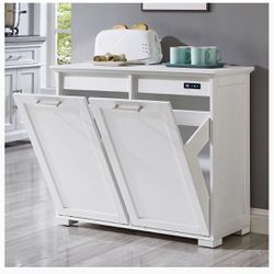 Double Tilt Out Trash Cabinet, Wooden Kitchen Garbage Can Free Standing Holder (White)