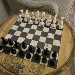 Chess / Checker Board Table With Marble Chess Pieces— $50