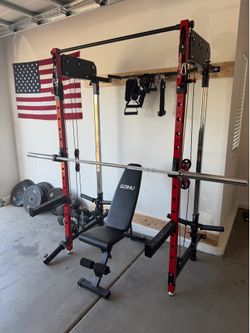 Squat rack with pulley system and weights