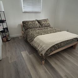 Full Ikea Neiden bed frame, Luröy slatted bed base, 2" mattress topper, Vadsö spring mattress, OBO