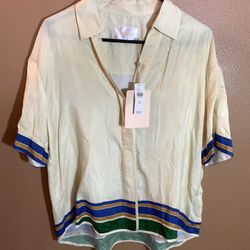 Sancia Pale Yellow Short Sleeve Button-down Blouse with Amara print Hem NWT