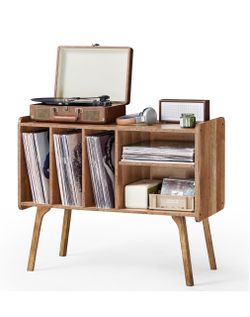 Lerliuo Record Player Stand with 4 Cabinet Holds Up to 220 Albums,Oak Large Turntable Stand with Wood Legs, Mid-Century Record Player Table,Vinyl Hold