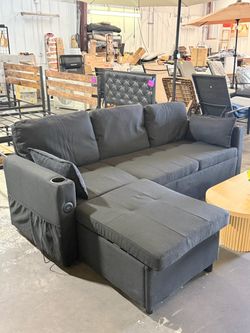 L-Shaped Sectional Sofa: Soft Fabric Modular Sofa with Chaise (Featuring Cup Holders and Side Storage Pockets), 1000 lb Weight Capacity, Suitable for 