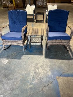 Brand new 3-Piece Patio Rocking Chairs Outdoor Conversation Set, Wicker Chairs with 4-Inch Olefin Cushions and Glass Side Table for Porch, $199 🔥🔥