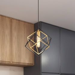  Geometric Pendant Light - Black & Gold Cage Design