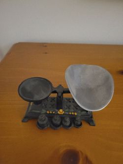 Miniature Antique Cast Iron Balance Scale with Weights