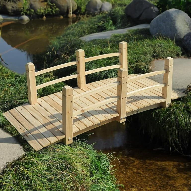 Wooden Garden Bridge Classic Wooden Arch Footbridge with Safety Railings, 530 lbs Capacity, Decorative Pond Bridge Landscaping for Outdoor Garden Yard