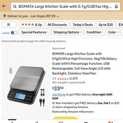 BOMATA Large Kitchen Scale with 0.1g/0.001oz High Precision, 5kg/11lb Bakery Scale with% Percentage Function, USB Rechargeable, Full-View Angle LCD wi