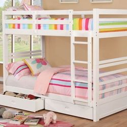 Brand New White Twin Size Bunk Bed w Trundle Drawers 