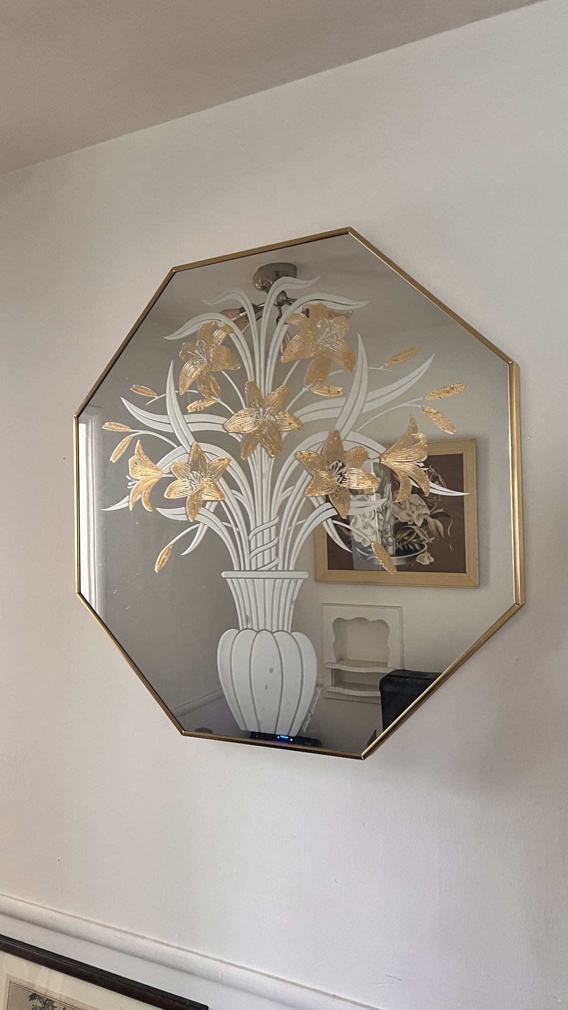 Vintage 1980s Windsor Art Robert Slimbach Octagonal Tiger Lily Floral Mirror