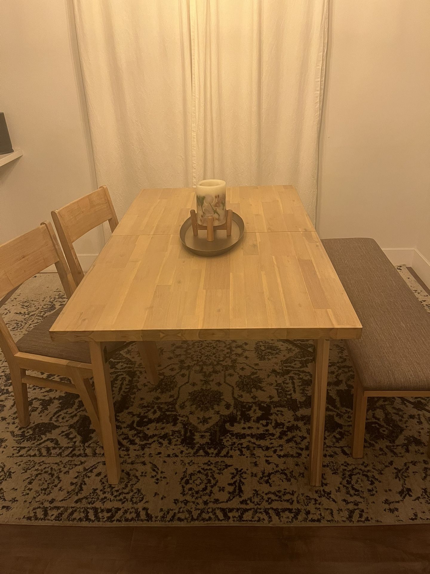 Castlery “Miles” Dining Table with Hidden Leaf, Bench and 2 Chairs