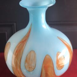 VTG Murano Style Aqua & Amber Abstract Glass Decorative Heavy Vase 11 1/2”H - EUC