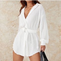 Women Shirt Dresses Long Sleeve Pleated Mini Dress Casual Button Down Tunic Tops with Belt Vintage Streetwear