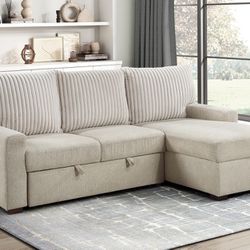 Beige Sofa Sectional w/ Pull- Out Sleeper & Drop-down Cup Holder 