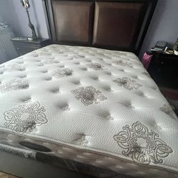 King Bed With Mattress With Two Night Stands And One Dresser And Mirror 