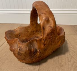 Vintage Rustic Art Real Wood Hand Carved Basket Fruit Bowl