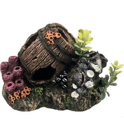 Bubbler Underwater World Aquarium Ornament. Barrel with Coral and Plastic Plants.