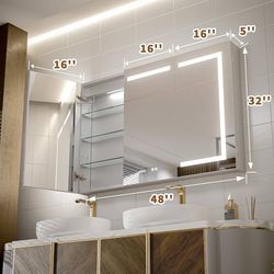 48" W×32" H LED Smart Medicine Cabinet, Bathroom Mirror Cabinet with Lights,Clock & Temperature Display, Dimmable LED Lighting, USB Charging, Defog, S