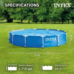 Intex 12' x 30" Round Metal Frame Outdoor Above Ground Swimming Pool Set with filter pump and 42 Inch Steel Pool Ladder