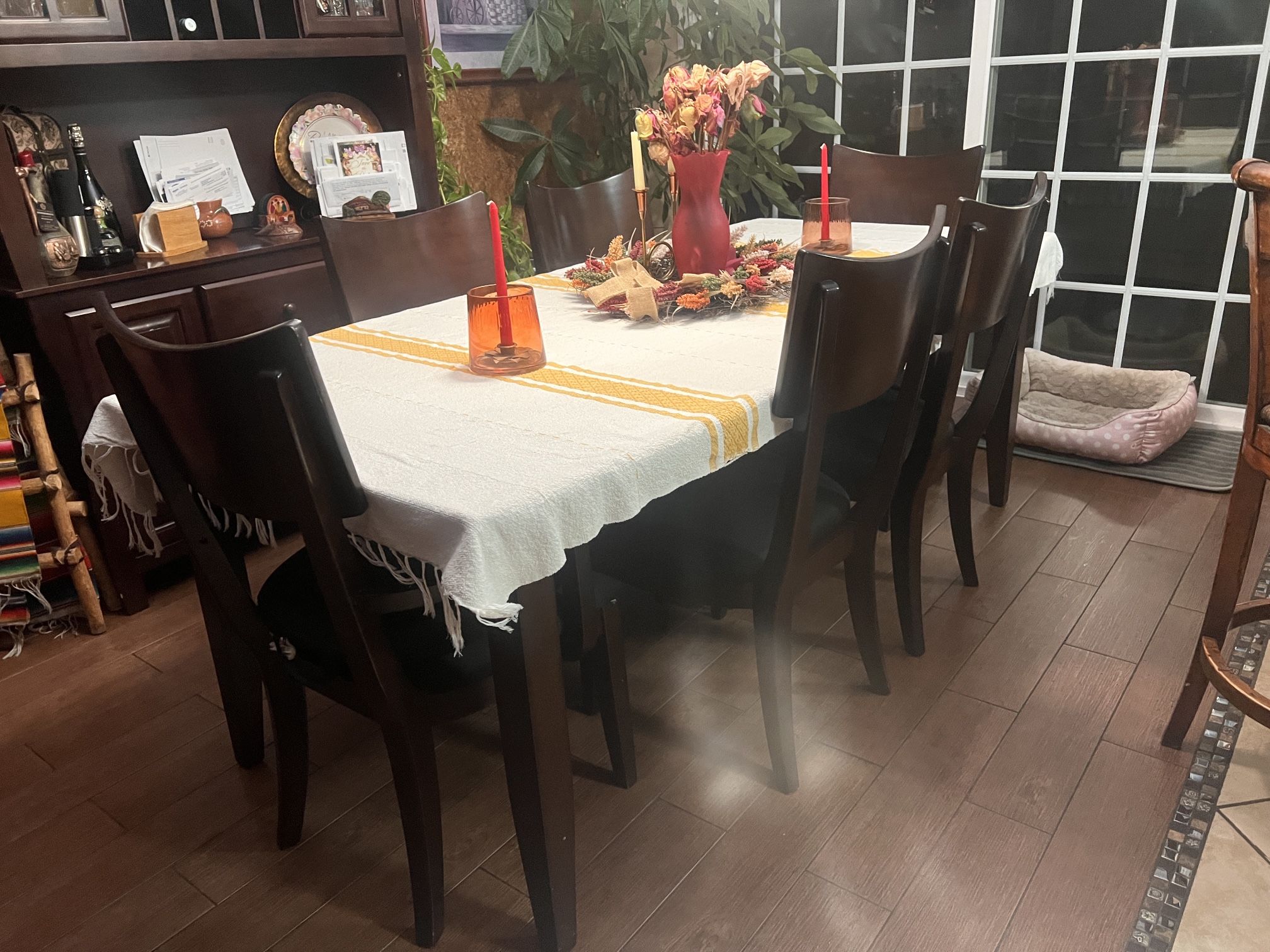 Dinning Set 6 Chairs And Dark Cherry Buffet With Hutch