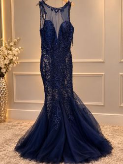 navy blue sequin and lace tulle mermaid prom dress