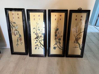 Chinese carved stone & mother-of-pearl relief wall panels
