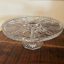 Stunning Vintage Pressed Glass Pedestal Cake Stand – Starburst & Leaf Pattern