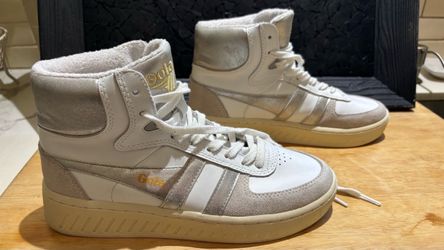Gola Slam Trident High-Top Sneakers white leather upper silver metallic & suede accents size 7.5