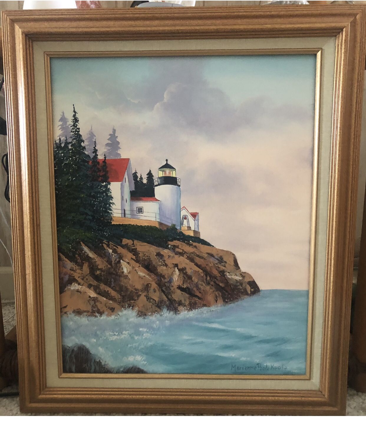 Vintage Original Lighthouse/Nautical Signed & Framed Painting On Canvas 21 X 28”