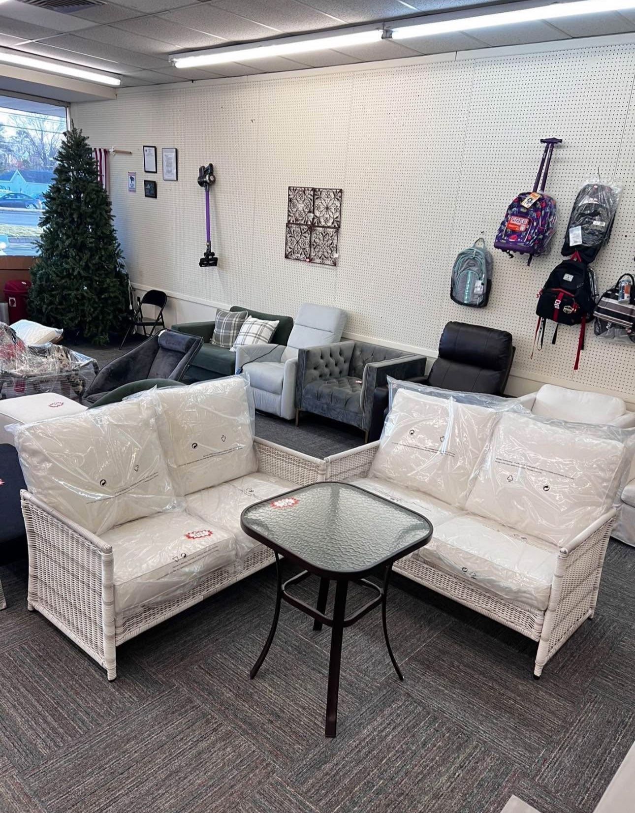 Outdoor Patio Set, 2 Loveseat with Cushions, Table, New and Assembled, White, New