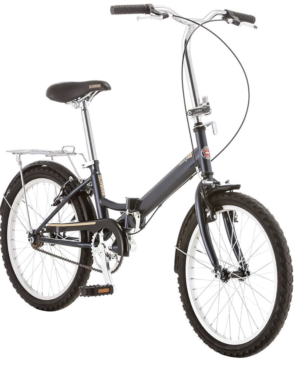 2  Schwinn Hinge Adult Folding Bikes with 20 inch Wheels with Rear Carry Rack +2 Carrying Bags and Schwinn Bike Pump 