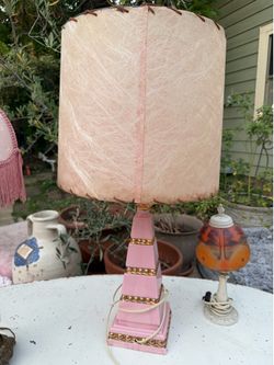 Deena Vintage Hollywood Pink Lamp with Rawhide Drum Shade