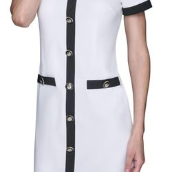 Karl Lagerfeld Womens Contrast Framing Center Buttoned A-line Dress  Color: Soft White Black Size: 6  Fabric type 96% Polyester, 4% Spandex Care instr