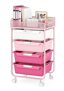 Rolling Cart with 4 Drawers,4 Tiers Rolling Utility Cart Craft Cart,Rolling Storage Drawer Cart with Mesh Top,Storage Cart with Drawers & 4 PCS DIY La