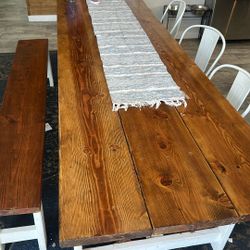 Hand Made 12’ Dining Table w/3 Chairs And Matching Bench