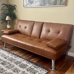 Tufted Faux Leather Sofa Bed Couch - Brown