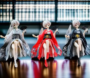 3 Anime Samurai Warriors Princess Red Black & White Figurines with Swords & Fans