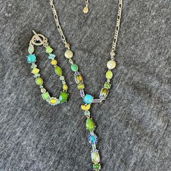 Multicolor Rhinestones And Pearls Necklace And Bracelet $ $28