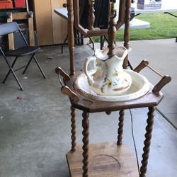 Antique Washstand And Lamp 