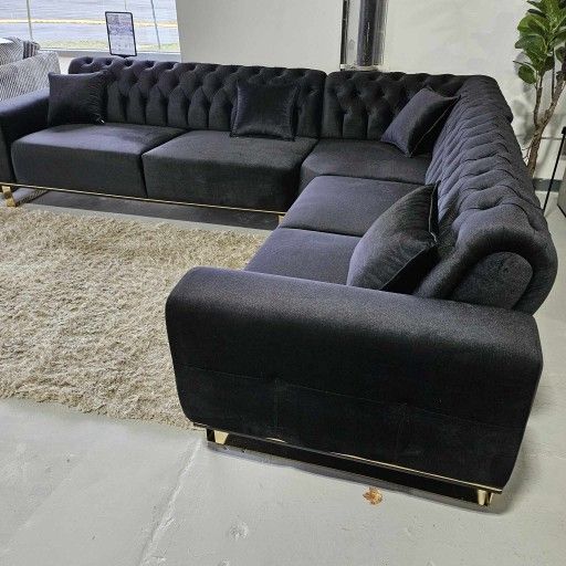 Oscar Black Modern Luxury Button Tufted L Shaped Huge Sectional Sofa 