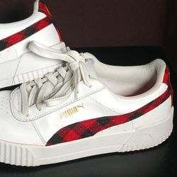 PUMA Carina Winter Plaid "White/Red/Black" Girls' Sneakers size 5.5C Big Girls