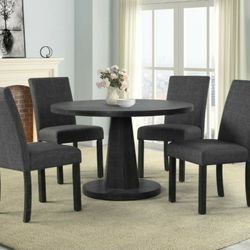 Brand New Gray Finish 5pc Round Dining Set With Charcoal Gray Linen Chairs 
